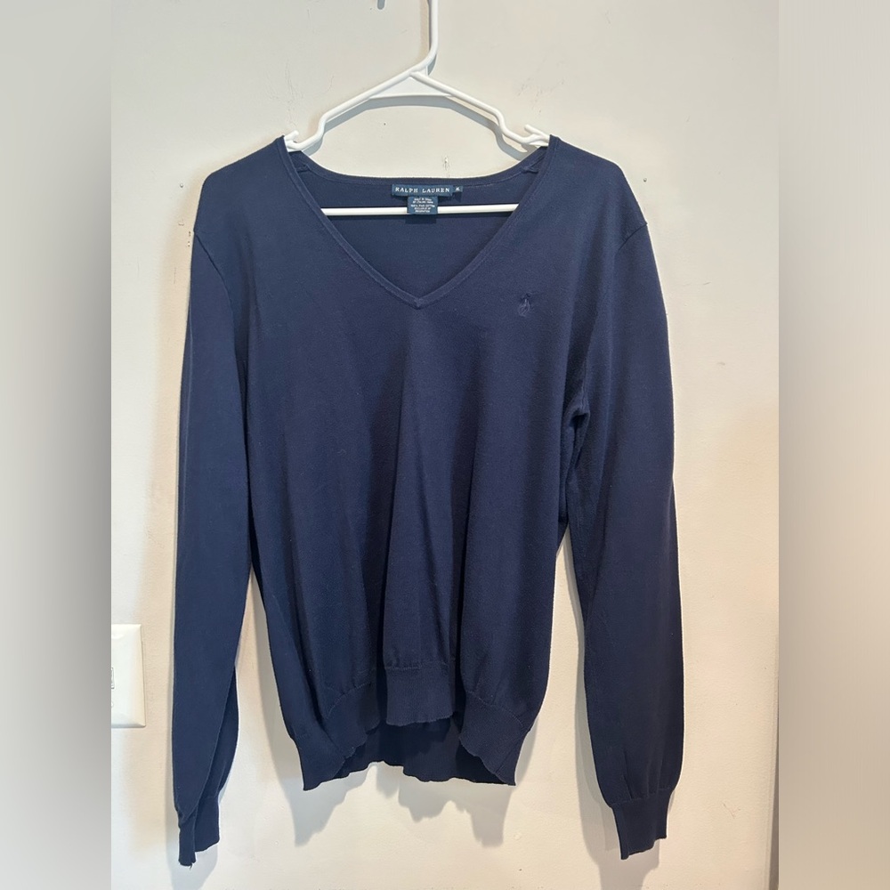 Ralph Lauren 100% Italian Cotton Yarn Navy V-Neck Sweater